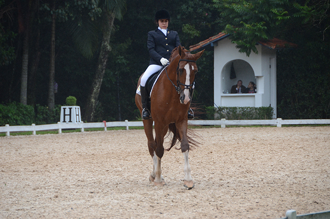 A aluna da Escola de Equitação do CHSA  Fernanda Otero com Xodó garantiu a 4ª colocação na concorrida série preliminar com participação de 9 conjuntos